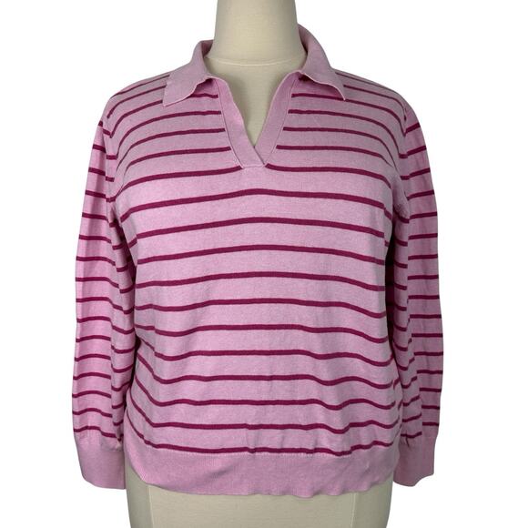 J Crew Top Womens XXL Pink Stripe Polo Sweater Cotton Cashmere Preppy Classic - Picture 1 of 14